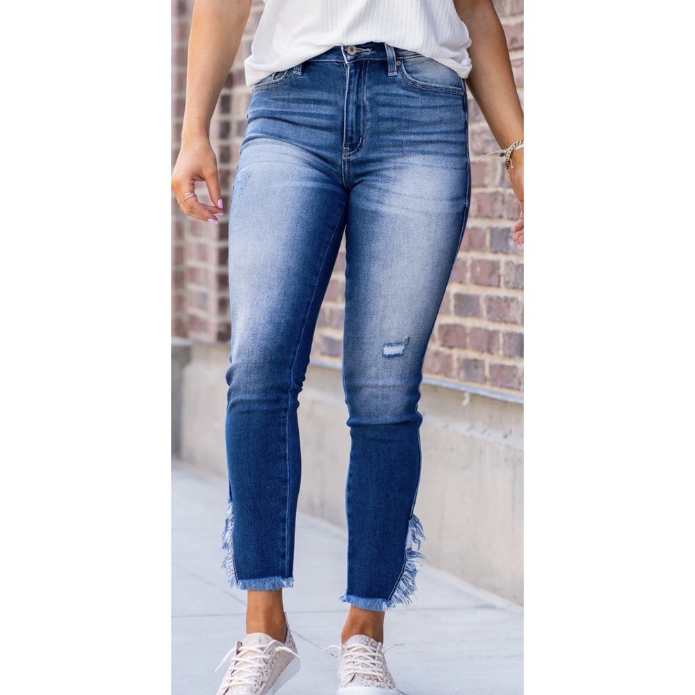 KANCAN JEANS SAVVY HIGH RISE SPLIT FRINGE ANKLE SKINNY MEDIUM BLUE WASH Size 11